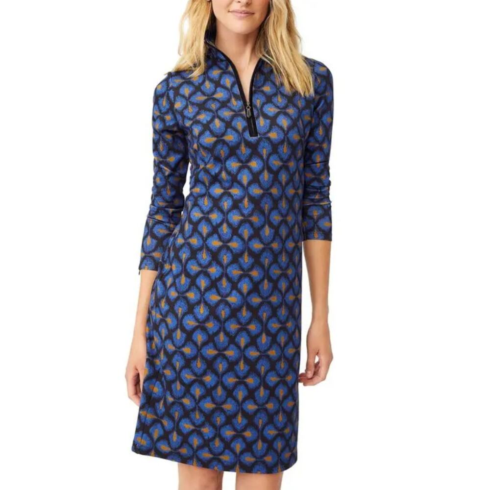 J. McLaughlin Blue Geometric Bedford Quarter Zip 3/4 Sleeve Dress